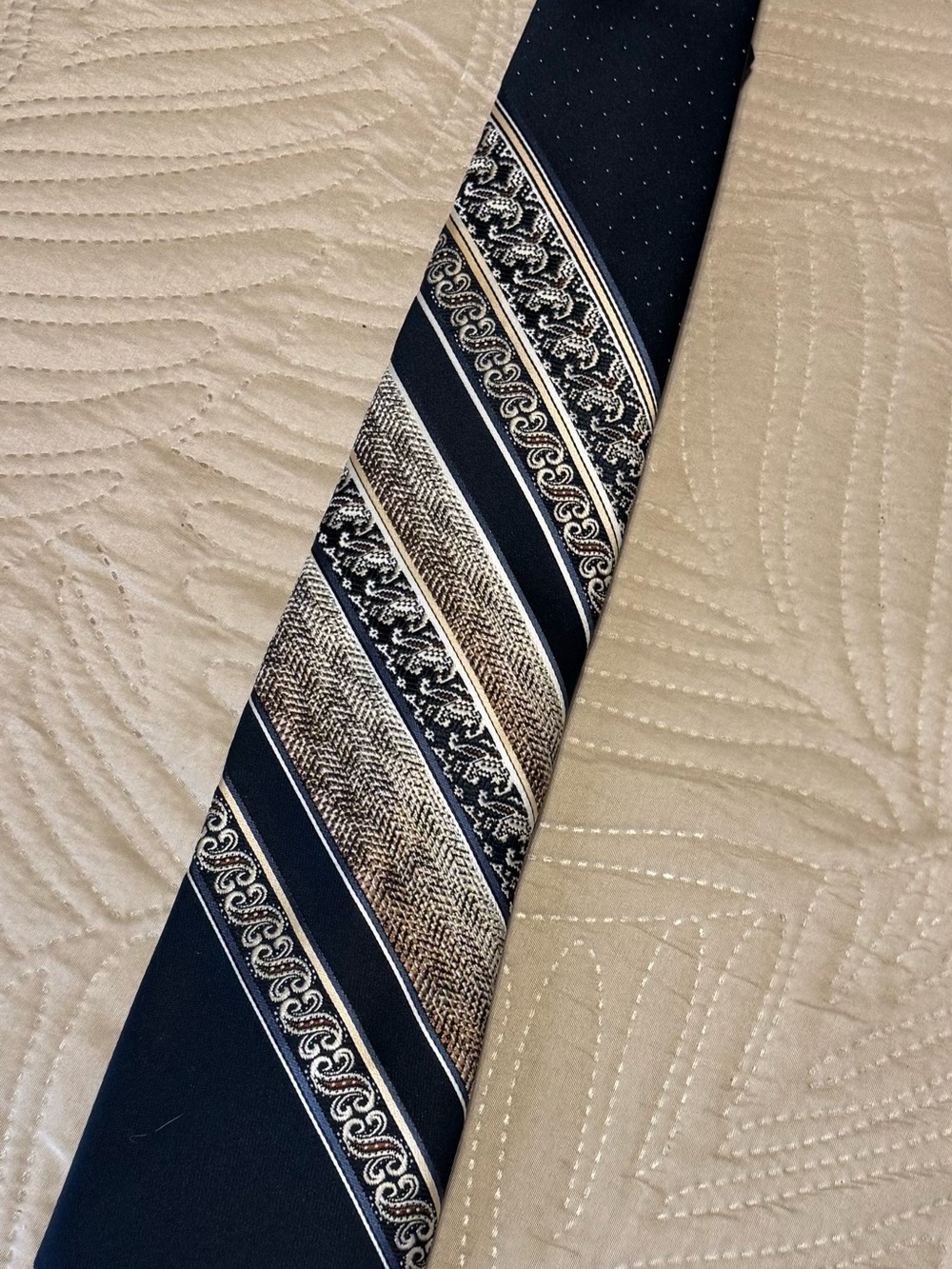Mr. John Beau Brummell Navy Tie with Beige and Cream Diagonal Stripe Pattern